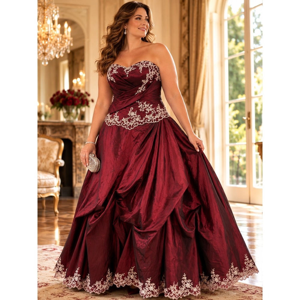 ALLURE Bridals Ball Gown Women 20 Burgundy Quinceanera Prom Embroidered Taffeta